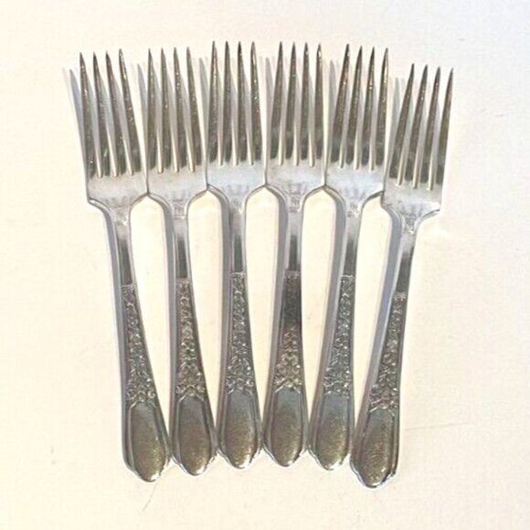 Set of 6 Vintage Wm A Rogers Overlaid Floral II 1938 7 7/8" Silverplated Forks - Picture 1 of 6